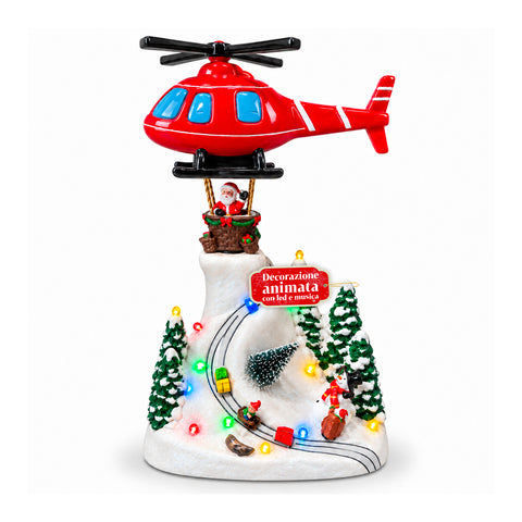 Paysage de Noël avec le père Noël volant, lumières LED et musique