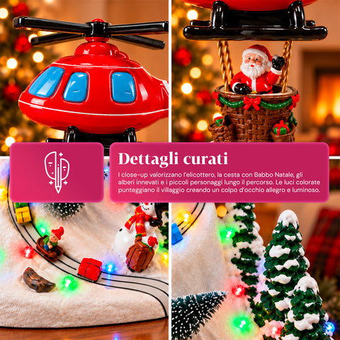 Paysage de Noël avec le père Noël volant, lumières LED et musique