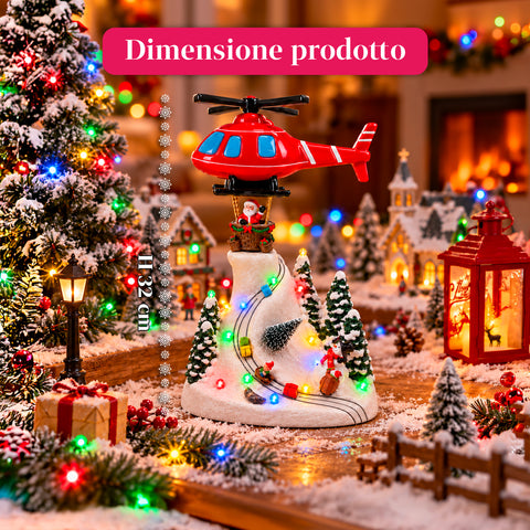 Paysage de Noël avec le père Noël volant, lumières LED et musique