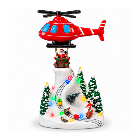 Paysage de Noël avec le père Noël volant, lumières LED et musique