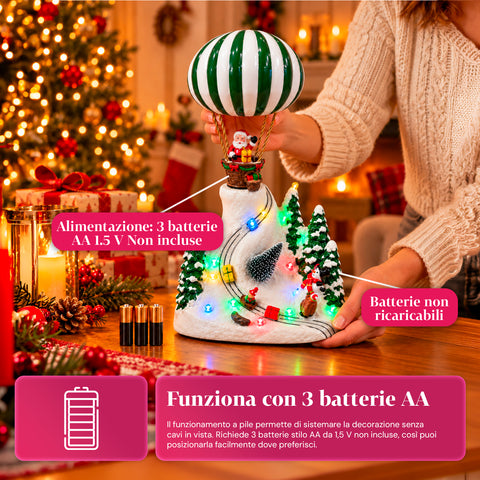 Paysage de Noël avec le père Noël volant, lumières LED et musique