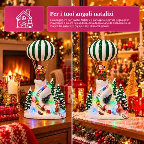 Paysage de Noël avec le père Noël volant, lumières LED et musique