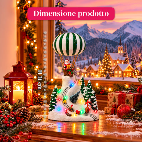 Paysage de Noël avec le père Noël volant, lumières LED et musique