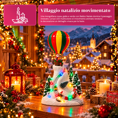 Paysage de Noël avec le père Noël volant, lumières LED et musique