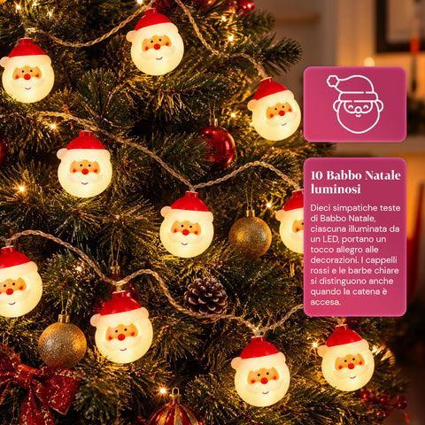 Guirlande lumineuse du père Noël à piles, 10 LED blanc chaud