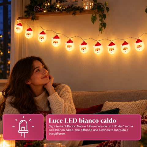 Guirlande lumineuse du père Noël à piles, 10 LED blanc chaud