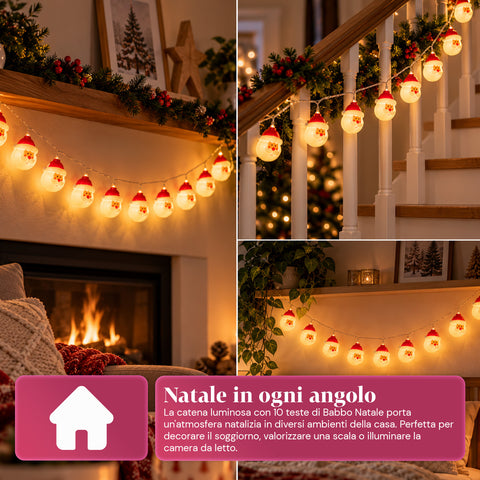 Guirlande lumineuse du père Noël à piles, 10 LED blanc chaud