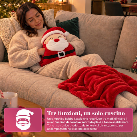 Coussin de Noël avec plaid 60x90 cm et chauffe-mains 3 en 1, 3 personnages disponibles