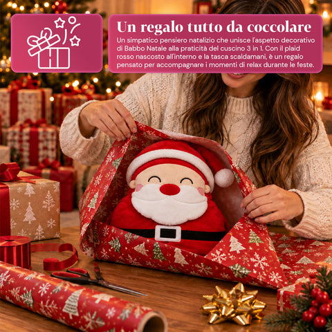 Coussin de Noël avec plaid 60x90 cm et chauffe-mains 3 en 1, 3 personnages disponibles