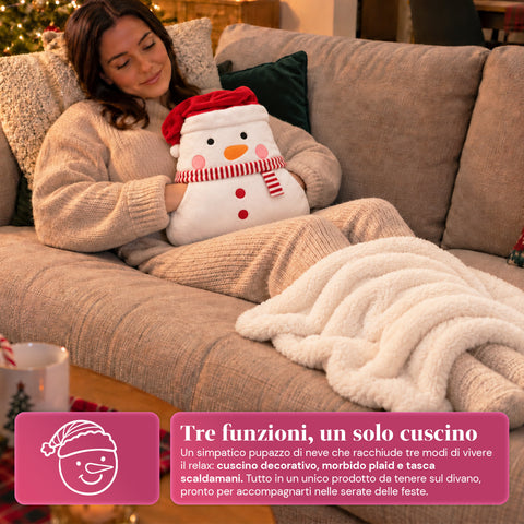 Coussin de Noël avec plaid 60x90 cm et chauffe-mains 3 en 1, 3 personnages disponibles