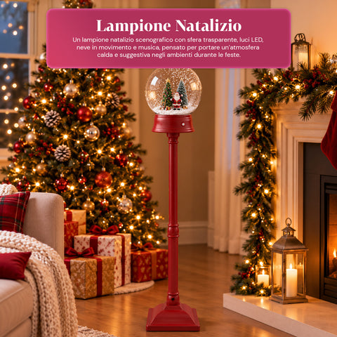 Lampadaire de Noël avec neige soufflée, musique et lumières LED – 3 variantes : boule blanche ou rouge de 150 cm et boîte aux lettres de 160 cm