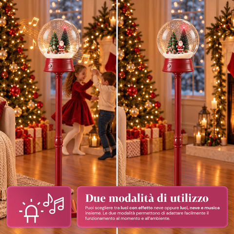 Lampadaire de Noël avec neige soufflée, musique et lumières LED – 3 variantes : boule blanche ou rouge de 150 cm et boîte aux lettres de 160 cm