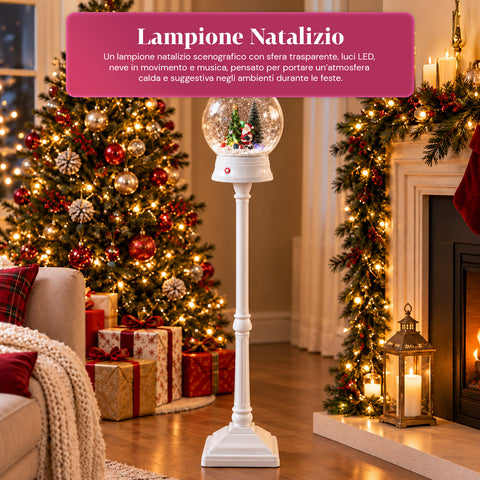 Lampadaire de Noël avec neige soufflée, musique et lumières LED – 3 variantes : boule blanche ou rouge de 150 cm et boîte aux lettres de 160 cm
