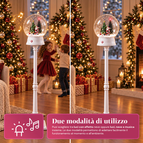 Lampadaire de Noël avec neige soufflée, musique et lumières LED – 3 variantes : boule blanche ou rouge de 150 cm et boîte aux lettres de 160 cm