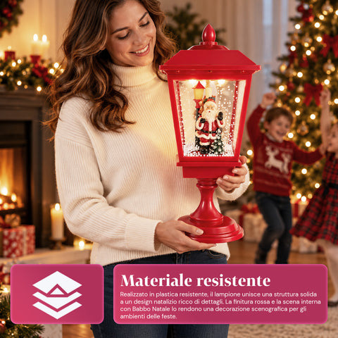 Verlichte kerstlantaarn 60 cm met de kerstman, opwaaiend sneeuweffect en muziek, ledverlichting, decoratieve rode kerstlantaarn