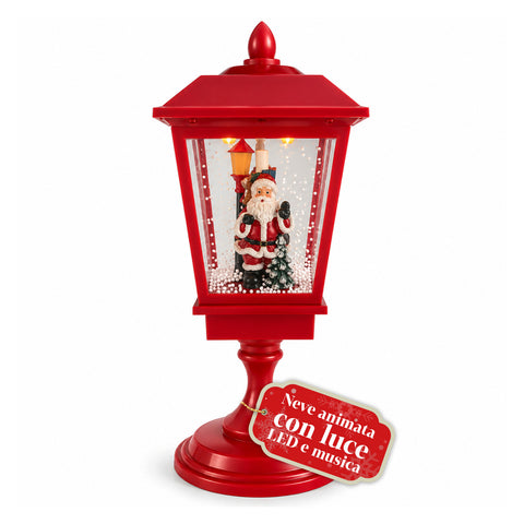 Verlichte kerstlantaarn 60 cm met de kerstman, opwaaiend sneeuweffect en muziek, ledverlichting, decoratieve rode kerstlantaarn