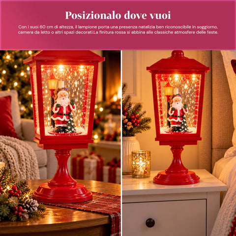 Verlichte kerstlantaarn 60 cm met de kerstman, opwaaiend sneeuweffect en muziek, ledverlichting, decoratieve rode kerstlantaarn