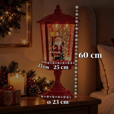 Verlichte kerstlantaarn 60 cm met de kerstman, opwaaiend sneeuweffect en muziek, ledverlichting, decoratieve rode kerstlantaarn