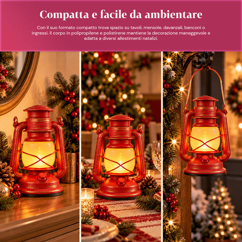 Rode kerstlantaarn met led-vlameffect en kerstmuziek, ophanghaak en gouden afwerking, decoratie 15x11x25 cm