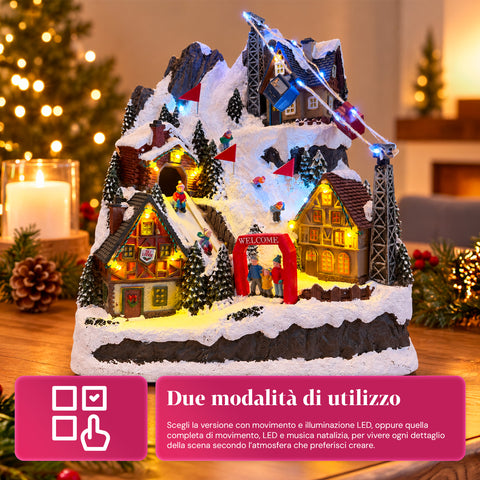Village de Noël lumineux avec toboggan en mouvement, téléphérique, lumières LED et musique de Noël – 28x19x32 cm