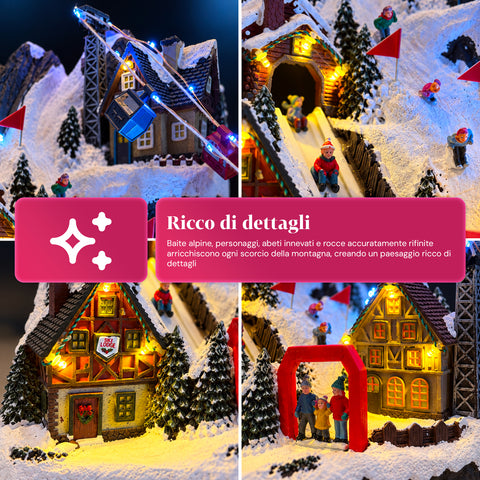 Village de Noël lumineux avec toboggan en mouvement, téléphérique, lumières LED et musique de Noël – 28x19x32 cm