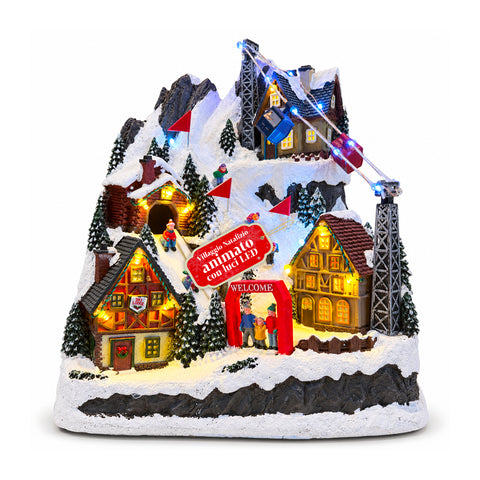 Village de Noël lumineux avec toboggan en mouvement, téléphérique, lumières LED et musique de Noël – 28x19x32 cm