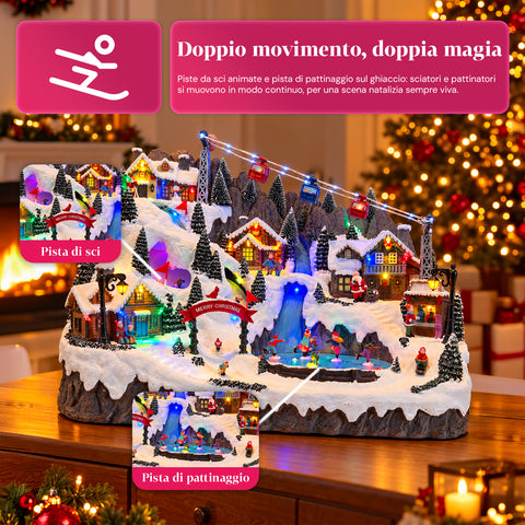 Village de Noël lumineux avec pistes de ski et de patinage en mouvement, lumières LED et musique – 56x37x42 cm