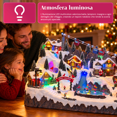 Village de Noël lumineux avec pistes de ski et de patinage en mouvement, lumières LED et musique – 56x37x42 cm