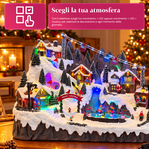 Village de Noël lumineux avec pistes de ski et de patinage en mouvement, lumières LED et musique – 56x37x42 cm