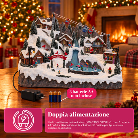 Village de Noël lumineux avec pistes de ski et de patinage en mouvement, lumières LED et musique – 56x37x42 cm