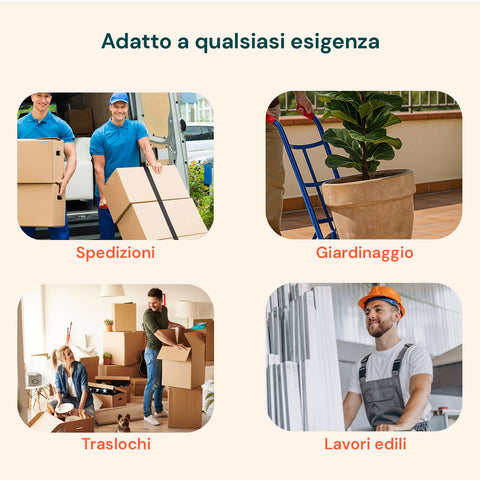 Carrello adatto a qualsiasi esigenza: spedizioni professionali, giardinaggio con vasi, traslochi domestici e lavori edili, versatile per ogni settore