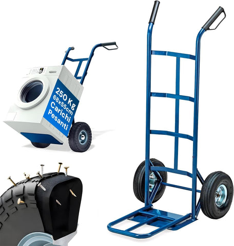 Chariot de transport 250 kg en acier bleu avec roues pneumatiques résistantes