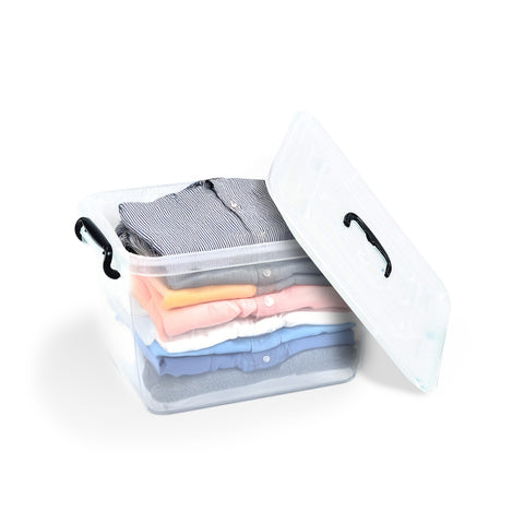 Doorzichtige kunststof opbergbox met deksel en wieltjes, 85 l