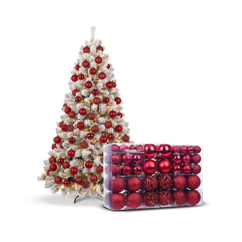 Set de 100 boules de Noël rouges – 2 dimensions, 3 finitions différentes