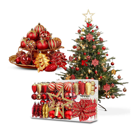 Set de décorations de Noël 106 pièces rouge et or – Avec étoiles et fleurs à paillettes