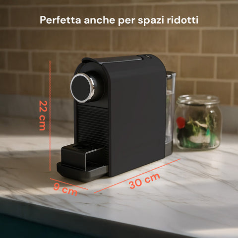 Macchina caffè compatta con dimensioni precise 30x22x9cm, perfetta per spazi ridotti e cucine piccole, design salvaspazio ottimale