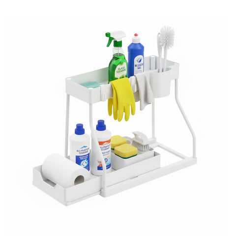 Organiseur coulissant gain de place avec panier et crochets pour salle de bains ou cuisine
