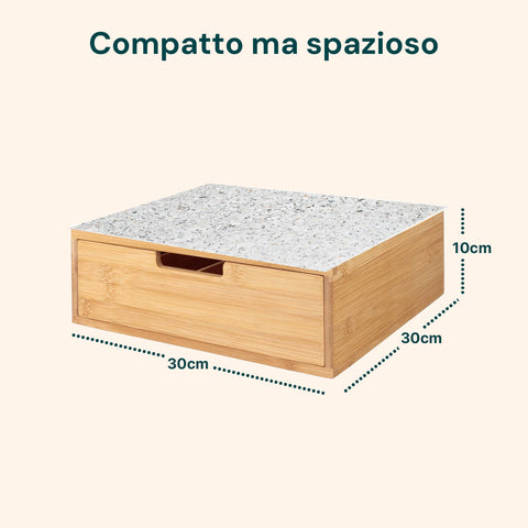 Tiroir porte-dosettes et capsules en bambou avec étagère en verre, différents fonds