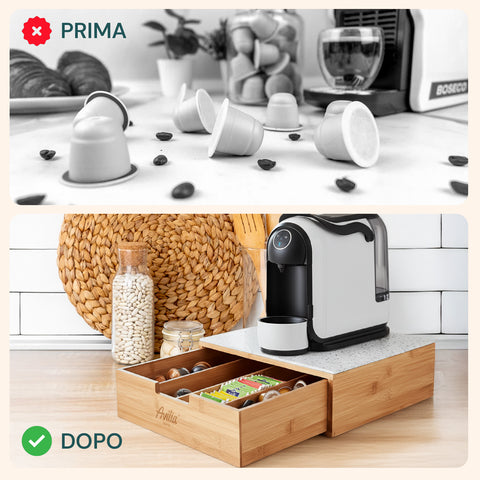 Tiroir porte-dosettes et capsules en bambou avec étagère en verre, différents fonds