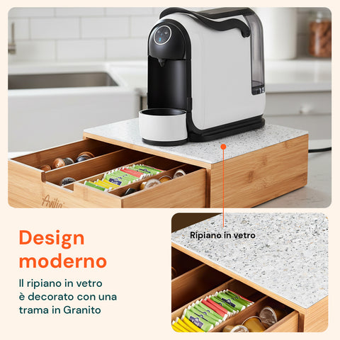 Tiroir porte-dosettes et capsules en bambou avec étagère en verre, différents fonds