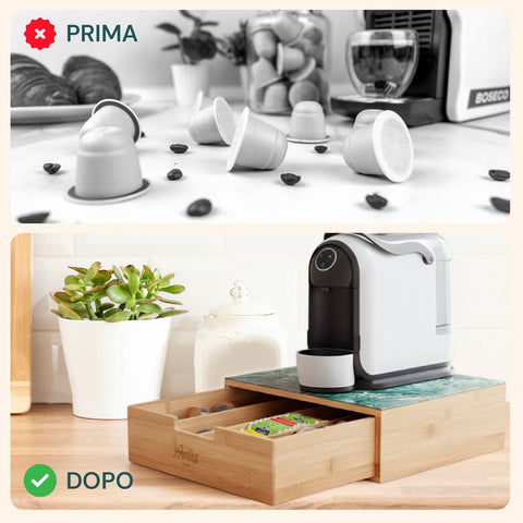 Tiroir porte-dosettes et capsules en bambou avec étagère en verre, différents fonds
