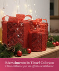 Set 3 Pacchetti Regalo Decorativi – Forme Rotonde o Quadrate con Nastro Colorato e Luci LED