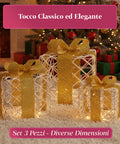 Set 3 Pacchetti Regalo Decorativi – Forme Rotonde o Quadrate con Nastro Colorato e Luci LED