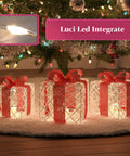 Set 3 Pacchetti Regalo Decorativi – Forme Rotonde o Quadrate con Nastro Colorato e Luci LED