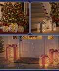 Set 3 Pacchetti Regalo Decorativi – Forme Rotonde o Quadrate con Nastro Colorato e Luci LED