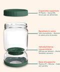 Schema dettagliato componenti barattolo sottaceti: coperchio PP senza BPA, barattolo vetro borosilicato, valvola silicone e base supporto anti-perdita