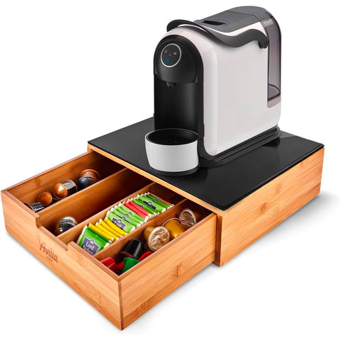 Bamboelade voor koffiecapsules en koffiepads met glazen plank