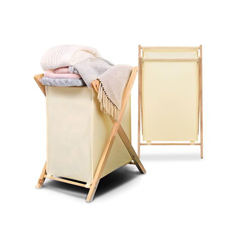Opvouwbare wasmand van hout en ecrukleurige stof