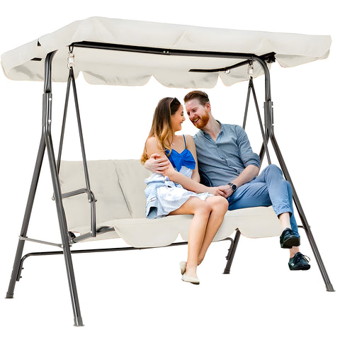 Balançoire d'extérieur 3 places beige avec structure en acier et toit orientable