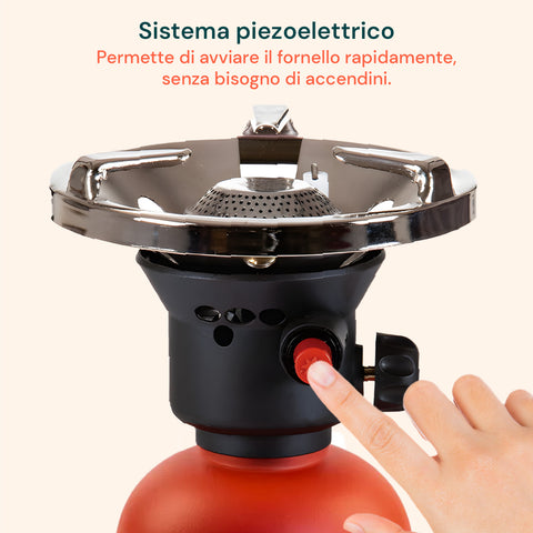 Fornello Campeggio Con Accensione Piezo E Cartucce Valvola 7/16